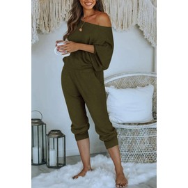 PRETTYGARDEN Women's 2 Piece Ribbed Tracksuit Outfits Off Shoulder Long Sleeve Pullover Long Pants with Pockets (Army Green,XX-Large)