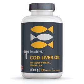 Transforme Cod Liver Oil Capsules 1000mg High Strength 180 Omega 3 Softgels, EPA DHA Vitamins A & D3, 6 Month Supply, Gluten Free