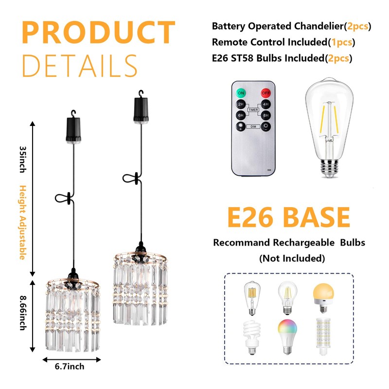 Battery Operated Chandelier, 2Pack Hanging Gazebo Lights, Acrylic Crystal Beaded