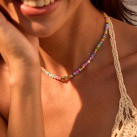 AiviGirl Initial Necklaces for Women Trendy,14k Gold Plated A-Z Personized Custom Heart Letter Pendant Colorful Boho Bead Necklace Dainty Gold Necklace Summer Jewelry for Birthday Gift, 13.9''+2