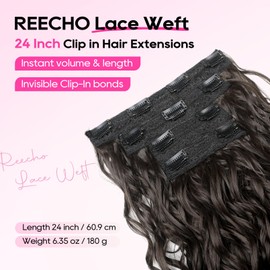 Curly Clip in Hair Extensions, 4PCS 24 inch Long Hair Extensions Clip ins Lace Weft Natural Hairpieces for Women Daily, Black Brown