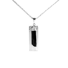 Black Tourmaline and Selenite Stacked Pendant Necklace Sterling Silver Chain Handmade by mmCrystals™