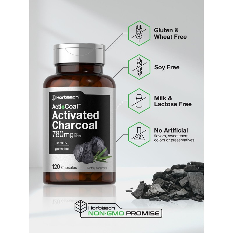 Horbäach Activated Charcoal Capsules 780mg | 120 Count from Coconut