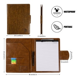 Agoer A4 Clipboard Folder,Faux Leather Conference Portfolio with Magnetic Closure Cover,Leather A4 Folder with Paper,Sticky Arrow Tabs,Pen,A4 Clip Board with Storage for Men & Women,Retro Brown