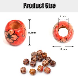 100pcs Natural Painted Wooden Hair Beads, Round Wood Loose Bead for Jewelry Making DIY Macrame Rosary Bracelet Necklace Hair Crafts -12mm