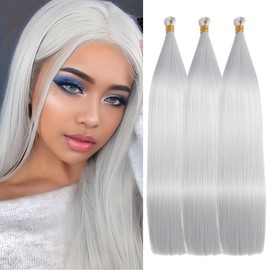 Locescsoc 28 Inch Bone Straight Braiding Hair 150g 3 Packs Straight Hair Extensions, Ariel Straight Ponytail Hair Bundles, Ombre Soft Synthetic Hair for Women (GREY#, 28 Inch 3 Packs)