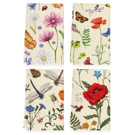 TAJWE Spring Kitchen Towels 18x26 Inch Set of 4 Vintage Wildflower Plant Insect Dish Cloths Farmhouse Summer Holiday Hand Rags for Home Decoration