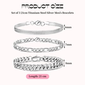 Lilbitty 3-Piece Men's Bracelet Set, 21 cm Titanium Steel Silver Bracelets, Stylish Men's Bracelets, Chain Bracelet, Figaro, Cuban Link, Gift Ideas Jewellery