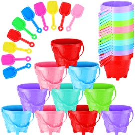 Didaey 15 Set Beach Sand Buckets and Shovels, Include Sand Pail Bucket 6 Colors with Castle Design Inside and Shovels for Boys Girls Summer Party (5.5 x 4.7 Inch)