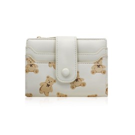 AfitLulu Cute Wallet for Women, Bear Print Zip Bifold Wallet with Front Card Slot, ID Window, Cash Slot, Short Women Wallet Elegant Youthful and Cute. (White)