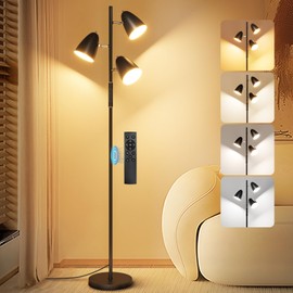 QiMH LED Floor Lamp for Living Room, Modern Dimmable Standing Lamp with 4 Color Temperature, 3 Rotatable Light with Remote and Touch Control Tree Floor Lamp for Bedroom Office Lighting, Black