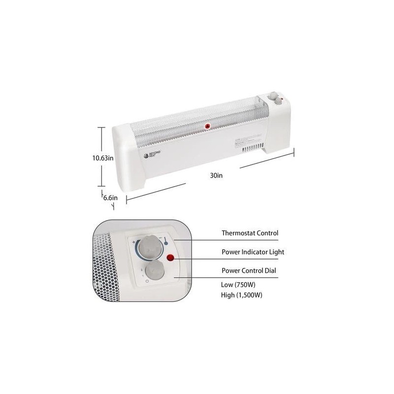 Beyond Breeze 6" 1500W White Baseboard Electric Wire Space Heater