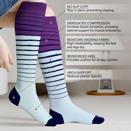 LEVSOX Compression Socks for Pregnant Women 20-30 mmHg Knee High Viscose for Bamboo Cute Funny Mens Supports Socks for Nurses, Medical, Travel and Flight, Stripe