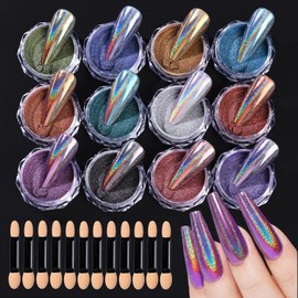 12 Boxes Holographic Laser Chrome Nail Powder, Mirror Effect Metallic Nail Powder Kit Fine Glitter Nail Pigment Shiny Iridescent Laser Manicure Decoration Dust DIY Salon Supplies for Women&Girls