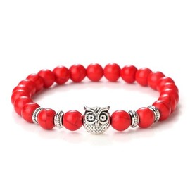 Hemasa Howlite beads with Owl charm stretchable braelet for Women/Girls (Red Pine)