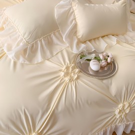 IHOUSTRIY Cream Yellow Duvet Cover Twin Size - Pintuck Twin Duvet Cover Set Flower, 2 Piece Girls' Ruffle Bedding with Zipper Closure, 1 Pinch Pleated Duvet Cover 66x90 inches and 1 Pillow Sham