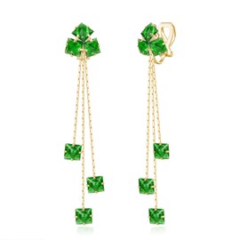 QUKE Green Cubic Zirconia Crystal Long Drop Dangle Non Pierced Ears Clip On Earrings for Women Girls Gold Tone