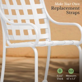 1.5" Wide x 45' Roll Vinyl Strap for Patio Chairs, Lawn Furniture, and Deck Chairs, Make Your Own Replacement Straps, Plus 50 Free Fasteners (201 White)