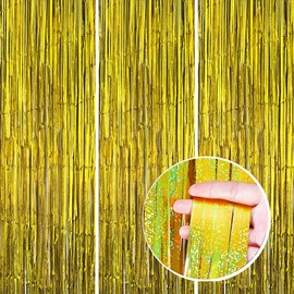 3 Pack Foil Curtain Backdrop 3.3x6.6 ft Tinsel Fringe Curtains for Parties Metallic Streamers Photo Booth Props,Wedding & Birthday,Holiday Decorations Disco,Bachelorette,Door Hanging Decor (Golden)