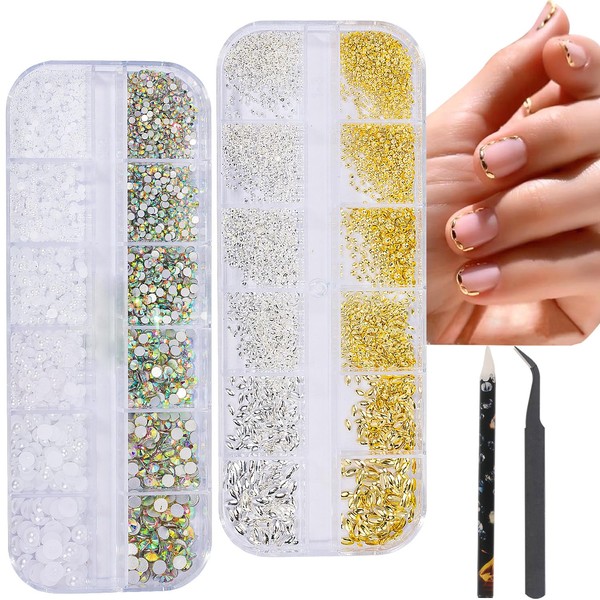 2 Boxes 12 Grids Multi-Shaped Gold Silver Gemstones for Nail