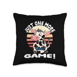 Cow with Gamer Headset Gaming Cow Just One More Game Throw Pillow