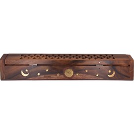 Cavelio ® Rose Wooden Coffin Incense Burner - Jali and Sun-Moon-Stars12 - Brass Inlays & Storage Compartment- 6 Pack