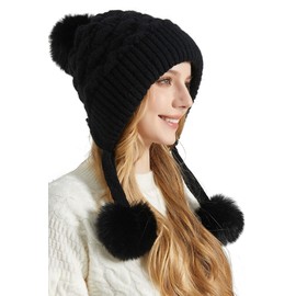 Ausing Women Winter Thermal Beanies Hats Knit Thickened Skull Cap Warm Peruvian Cover Ears Hat Soft Fleece Lined Hats Fashion Rabbit Hair Beanie Black M（56-58Cm）