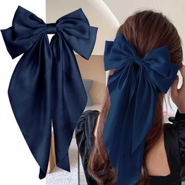 Generic Oversized Hair Bows Clips for Women | Cute & Elegant Silk Ribbon Bow with Tassel Hair Clips for Women and Girls, Long Hair Women Must Haves (Navy Blue | 1 Pack)