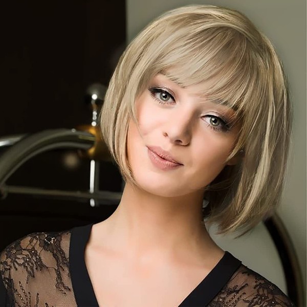 Queentas Blonde Short Bob Wig Women's Short Hair Wigs Short Hair Blonde with Fringe Straight Synthetic Hair Wig for Halloween Carnival Light Blonde 25 cm (10 Inches)