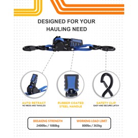 Strapinno Retractable Ratchet Straps - 1 in x 2.5 ft Heavy Duty Boat Transom Tie Down, 2PCS, 2400lbs Breaking Strength, S Hooks with Safety Clip, for Boat, Jetski, Seadoo, Waverunner, and PWCs (Blue)