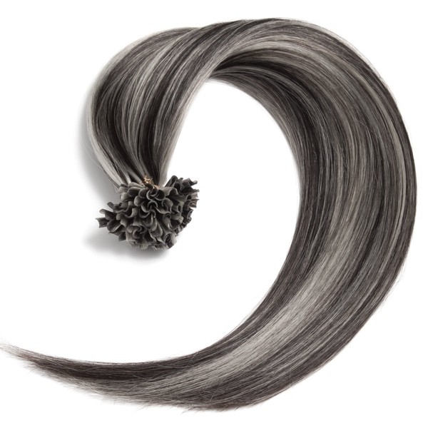 Keratin Bonding Hair Extensions 100% Remy Real Hair Extensions (#1b Grey Natural Black Highlighted - 25 Strands 1 g - 50 cm) U-Tip Extension Remy Quality Glamxtensions