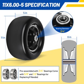 Cliseve11x6.00-5” Flat Free Lawn Mower Tire, Solid Smooth Tread with 3/4 & 5/8" Precision Bearings, Adjustable 5 7/8" Centered Hub, Universal Fit for Zero-Turn Mowers & Outdoor Equipment