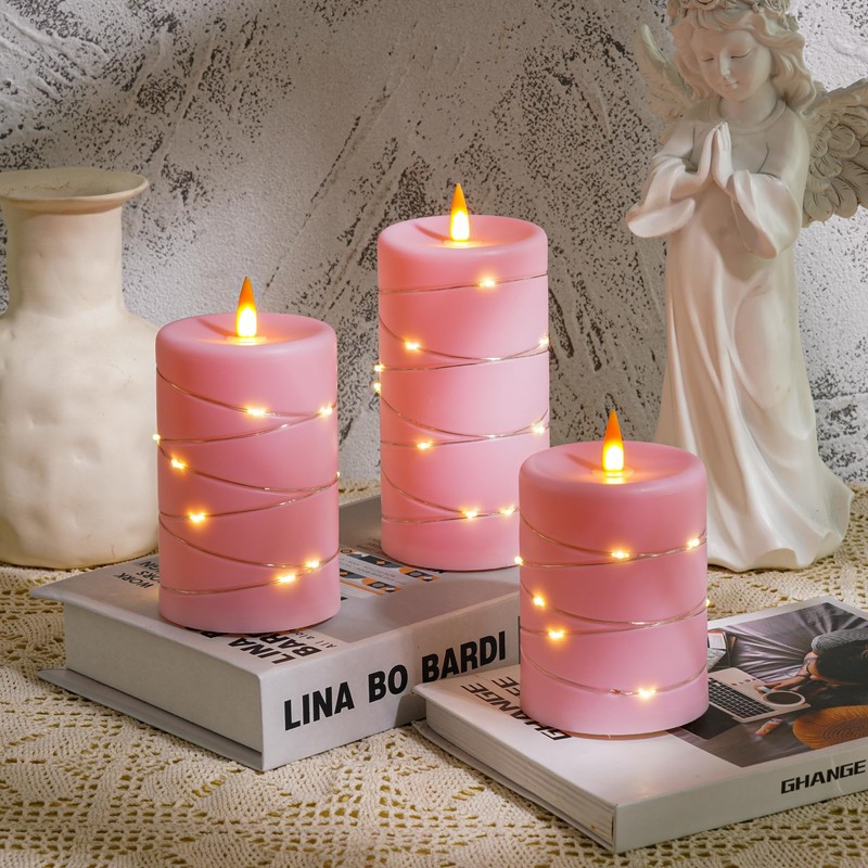 Fanzir Rose Pink Flameless Candles with String Lights Battery Operated