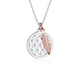 Elli Women’s Luxury Jewellery - Chain Necklace with Flower of Life Feather Pendant - Two-Colour - 925 Sterling Silver, Gold-Plated Silver