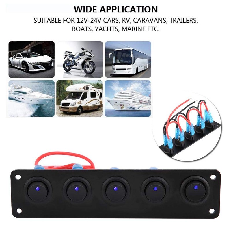 5 Gang Rocker Switch Panel, 12V-24V Boat LED Switch Panel,
