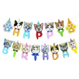 Cat Happy Birthday Banner Cat Party Decorations Cat Face Hanging Bunting Birthday Sign for Kids Cat Theme Birthday Party A6-MTSRLQ