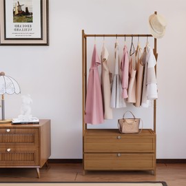 mopak Clothing Rack with Shelves,27.6inch Width Bamboo Clothes Rack, Tawny Clothes Rack Hanging,Solid Thickened Garment Rack with Drawer (27.6inch Width)