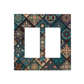 Talavera Mexican Tiles Light Switch Cover Decorative 2 Gang Rocker/Decora Wall Plate Covers Vintage Art Mandala Floral GFCI Faceplate for Bedroom Kitchen Decor 4.5" X 4.6"