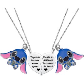 Engraved Heart Charm GoFunway Best Friend Stitch Necklace Set Friendship Matching Heart Necklace For 2 Girls Women Lilo and Stitch Stuff Jewelry For Friends BFF Bestie Stainless Steel Enamel Pendants Silver (Friendship)