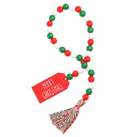 Christmas Wood Bead Garland with Tassels, Rustic Farmhouse Tiered Tray Holiday Decorations, Red and White Wooden Bead with Jute Rope Plaid Tassel, Country Xmas Home Decor (Xmas Red & Green & White)