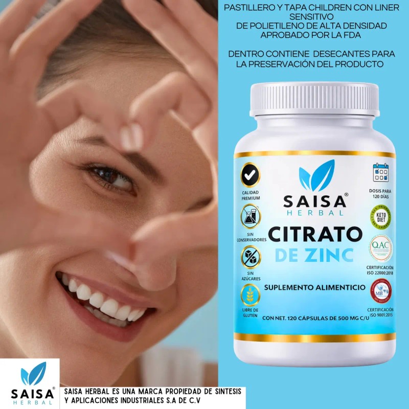 Citrato Zinc 120 Cáps Saisa Herbal Suplemento Alimenticio Alta Biodisponibilidad