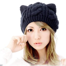lunar.maria Warm Knit Hat with Ears, Beret, Knit Hat, Women's, Knitting Beanie, Knit Cap, Black