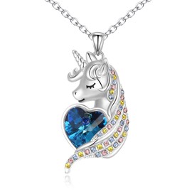 Flyonce Valentines Day Gifts Blue Heart Colorful Crystal Unicorn Necklace for Women, Fashion Birthday Jewelry Gift for Daughter Granddaughter