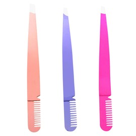PRETYZOOM 3pcs Stainless Steel Slant Tip Tweezers Eyelash Comb Facial Hair Tweezers Makeup Tweezers for Ladies Women (Mixed Color)
