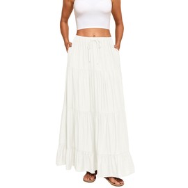 Capuffy Women Summer Boho Flowy Swing Maxi Skirt Tiered A-Line Skirts Elastic Waist Ruffles Pleated Beach Skirt with Pockets(White,XS)