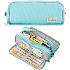MAMUNU Large Capacity Pencil Case, 3 Compartments Canvas Pencil Pouch with Zipper, Aesthetic Pencil Bag Pen Pouch for School Office Students Teen Girls Boys, Light Blue