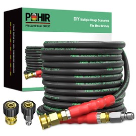 POHIR 3/8" Pressure Washer Hose 50 FT for Cold and Hot Water Max 248°F with Quick Connect, 4800psi Kink Resistant Industry Grade Steel Wire Braided Synthetic Rubber Jacket with 2 M22 14mm Adapter Set