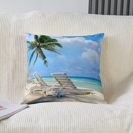 Hawaii Beach Throw Pillow Covers 16x16 Inch Set of 2, Tropical Ocean Beach Decor Pillow Covers, Palm Tree Decorative Pillow Covers, Summer Holiday Style Coastal Cushion Covers Bedroom Decor