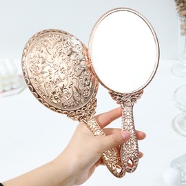 XPXKJ Handheld Mirror with Handle, for Vanity Makeup Home Salon Travel Use (Rose Gold, Carved)