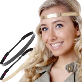 Hipsy Women's Adjustable Non Slip Skinny Animal Print Headband Multi 2pk (Black Snake & Gold Snake)